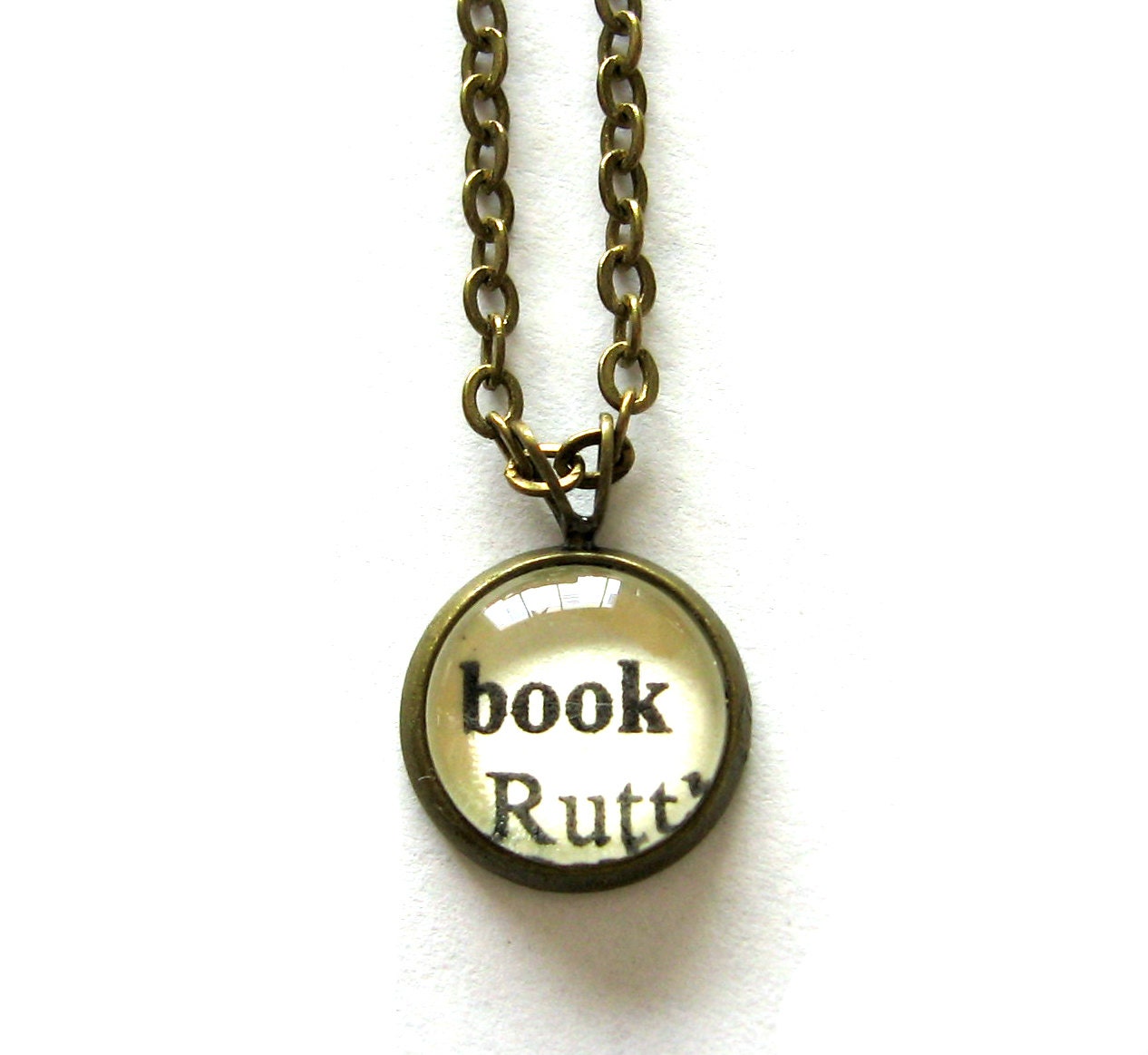 Gift Under 25 Book Word Mini Pendant Librarian Reader Brass Setting Library Card Necklace One of a Kind