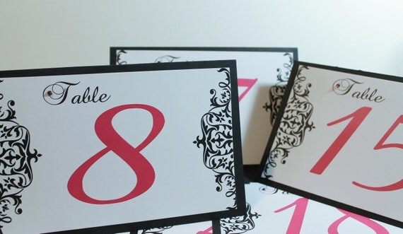 Gorgeous and Elegant Black White Damask Wedding Table Numbers with Crystal Accent - Customizable Il_570xn