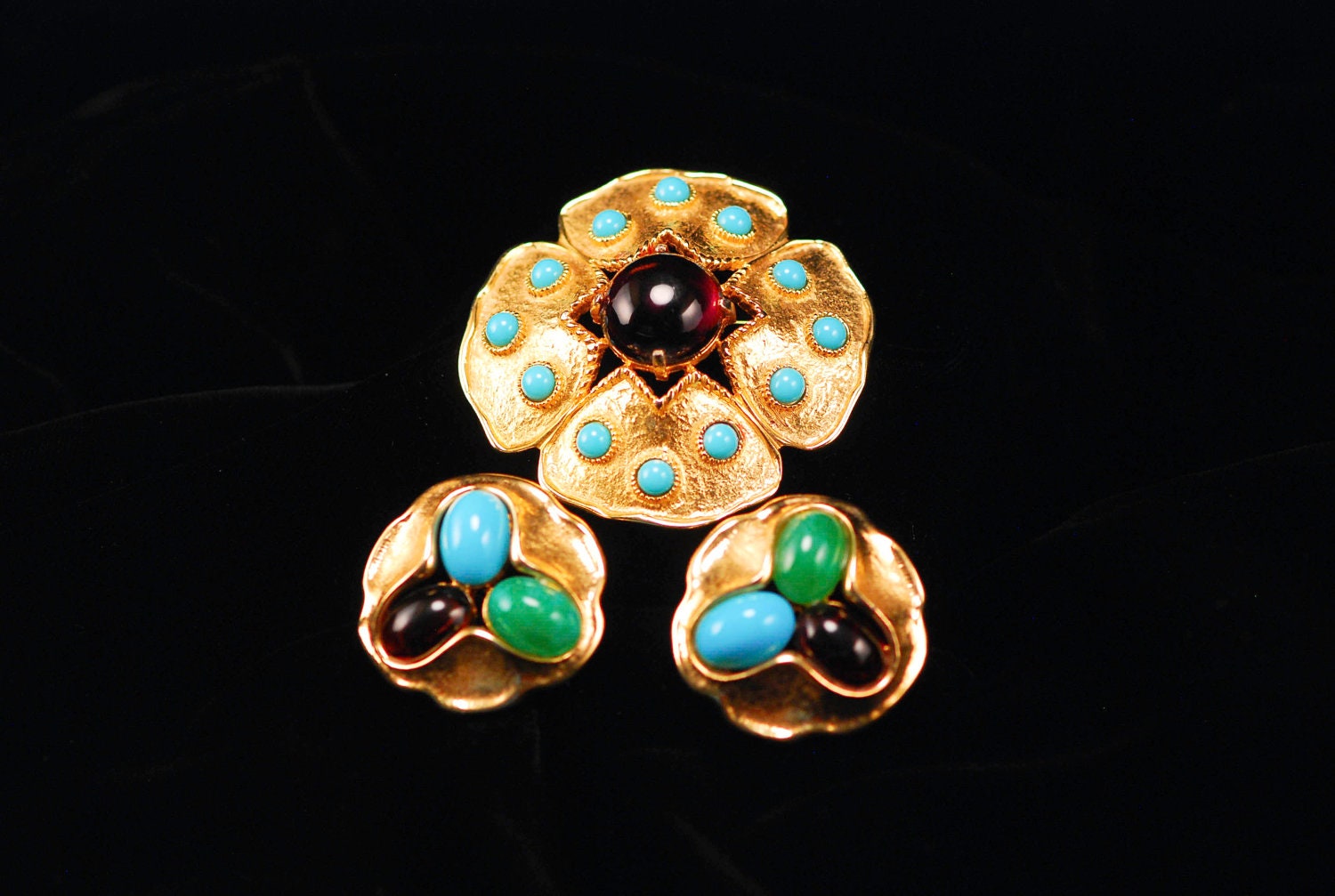Jomaz Brooch and Earrings - Turquoise, Amethyst & Jade