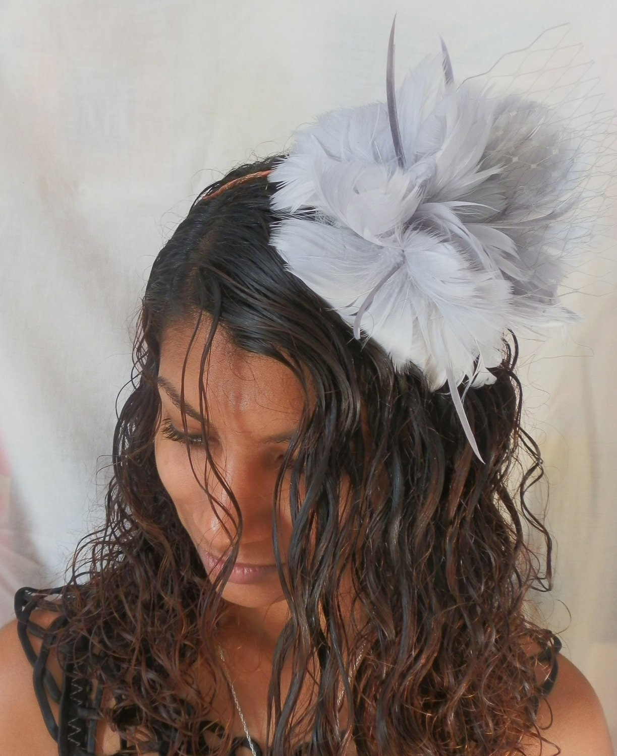 Grey feather fascinator statement headpiece derby special ocassions russian veiling weddings gift