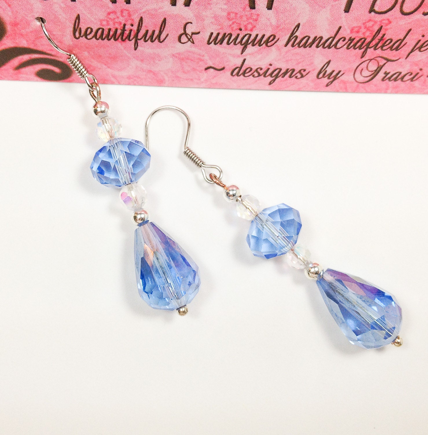 Dangle Earrings with Sapphire Blue Swarovski Teardrop Crystals and Blue & Clear Accent Crystals