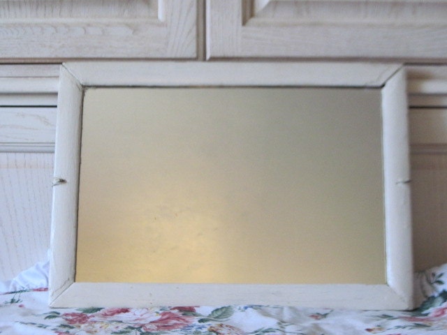 Old White Mirror with Wooden Frame Very Shabby Chic  or Country Cottage, 20 1/2 Inches long and 14 1/2 inches wide