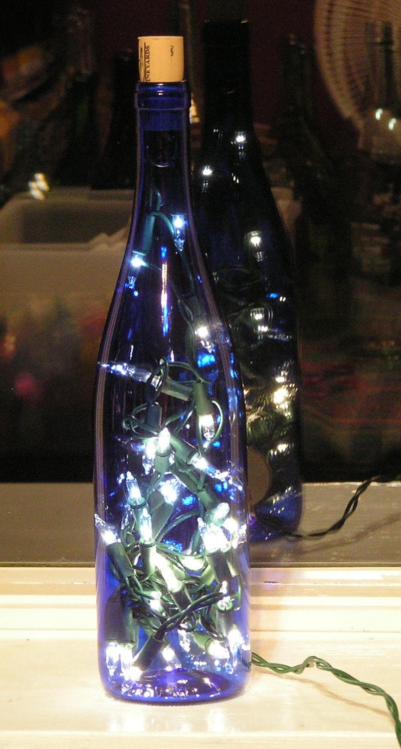 Blue Wine Bottle Light with White lights by vtbrownjs on Etsy