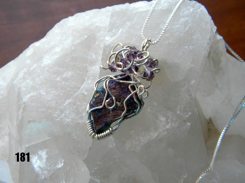 Chalco Pyrite (peacock ore) stone wire wrapped with crystals on a silver plated box chain pendant.