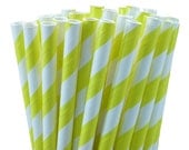 25 Yellow and White Striped Paper Straws with handmade scalloped white paper flags