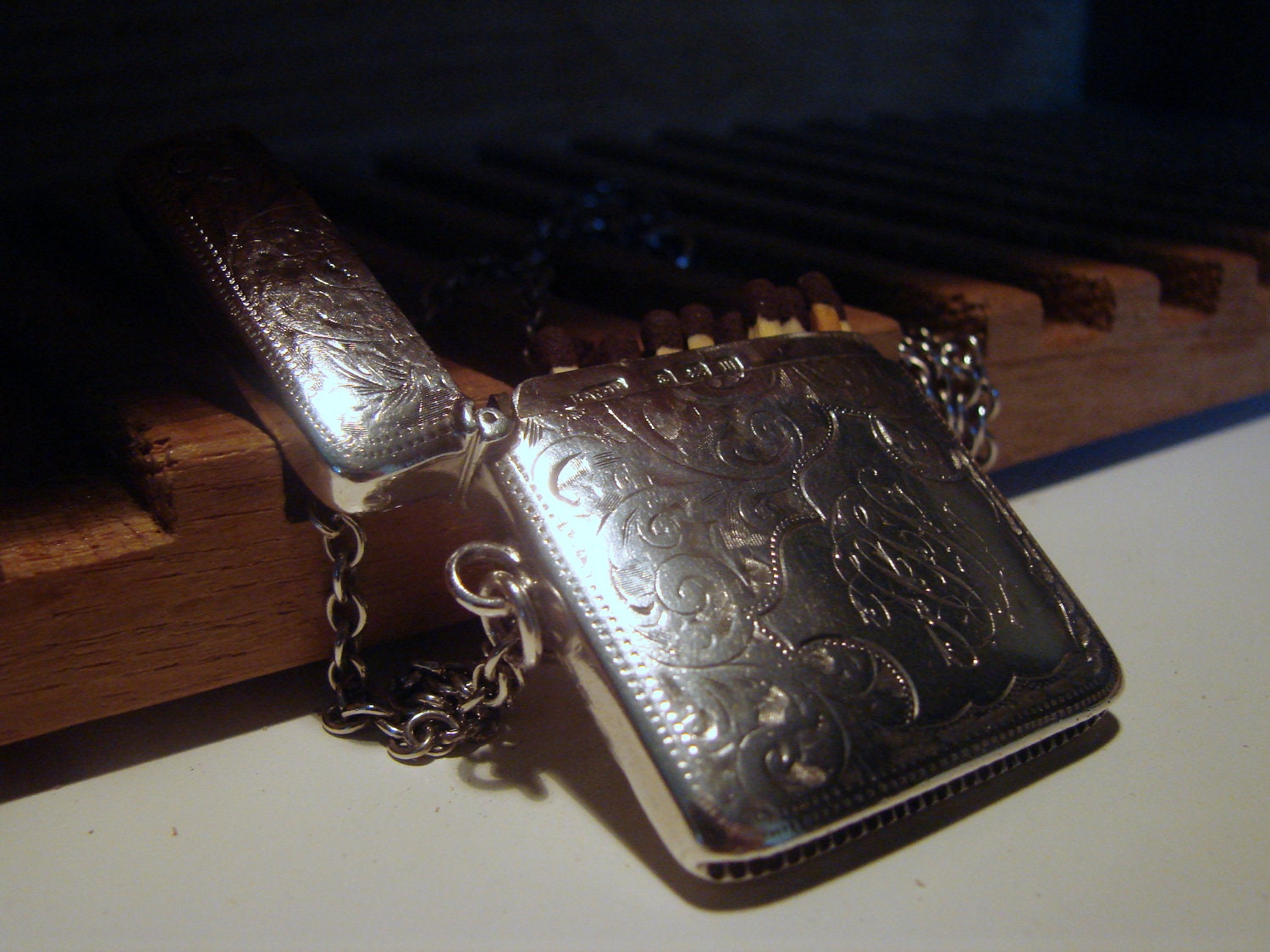 RESERVED Edwardian Antique Sterling Silver Vesta Case with Chain