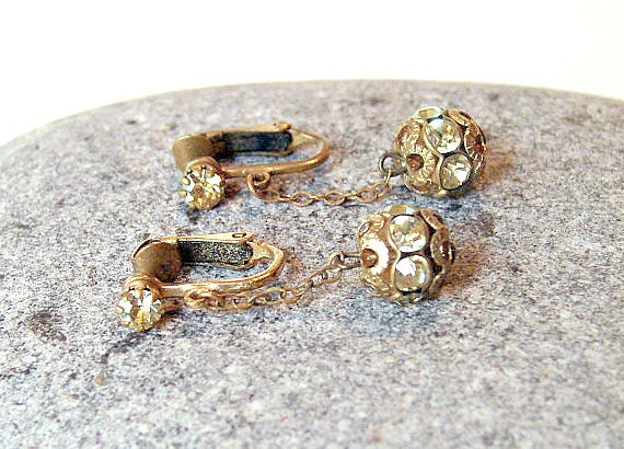 Antique Brass Filigree Crystal Ball Yellow Rhinestone Dangles  30% OFF Price Adjusted Summer Sale