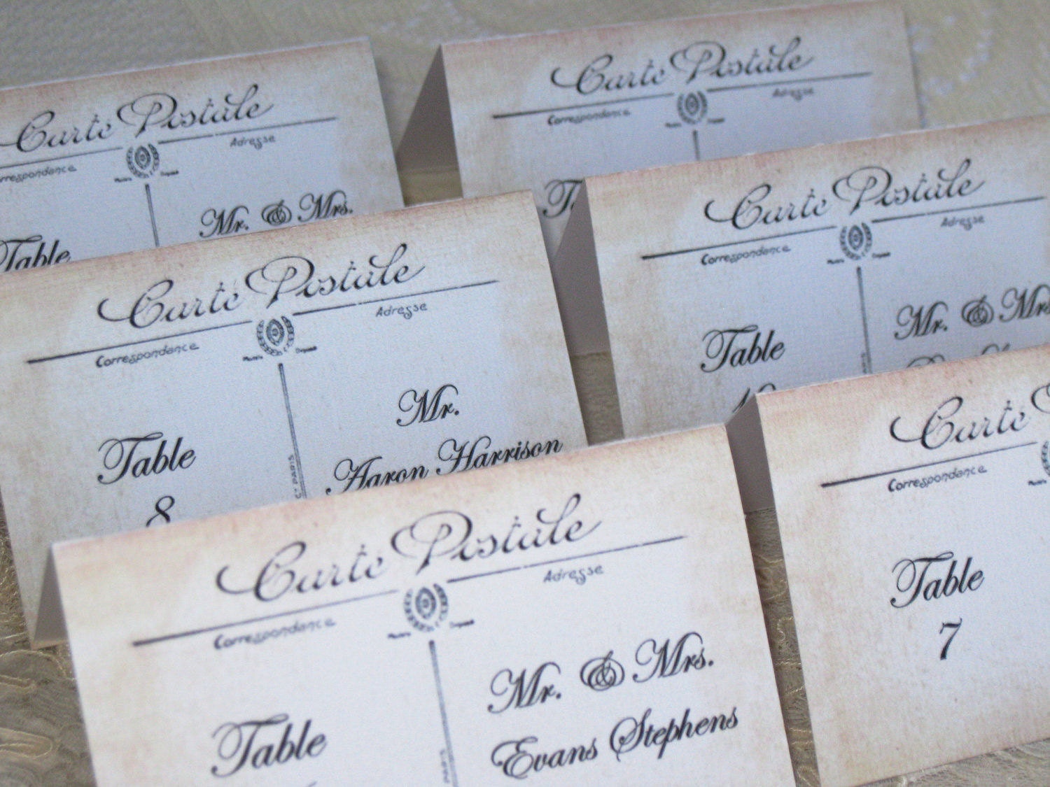 Vintage French Inspired Post Card Tented Place Cards Name Cards Escort Cards Wedding Anniversary Party Customized Color 037