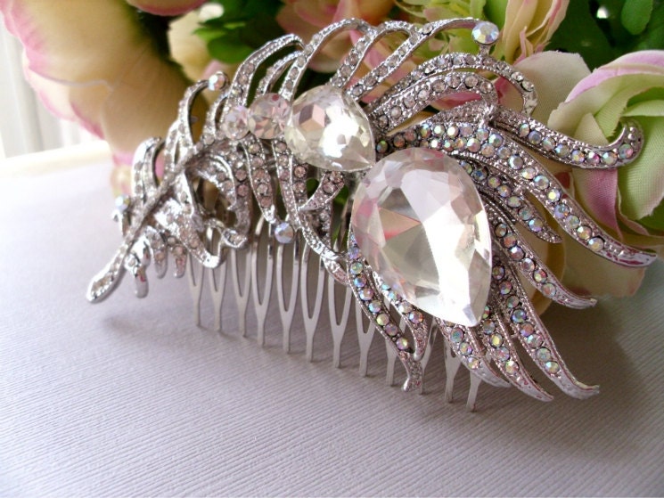 Indian Peacock Rhinestone Hair Comb. Wedding, Bridal, Bridesmaids.