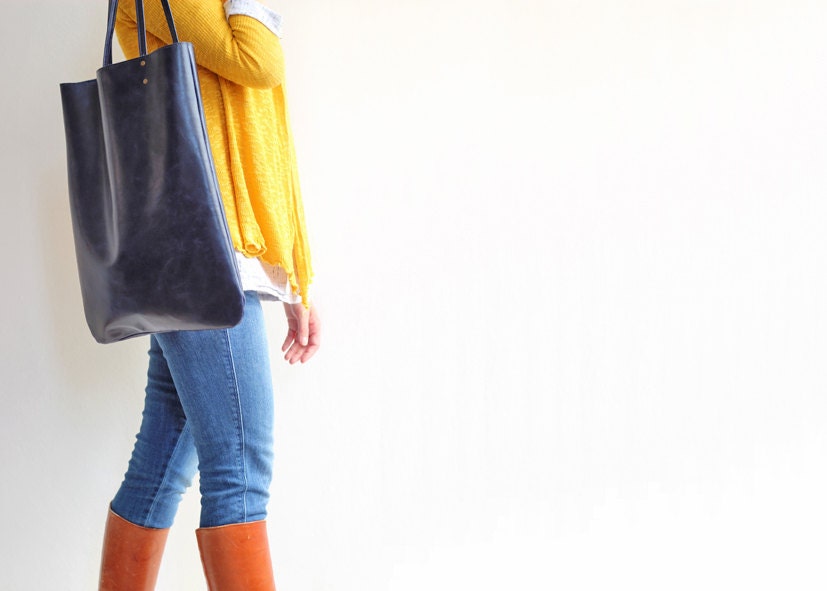 DEEP SEA - navy leather tote bag, leather bag, everyday tote bag
