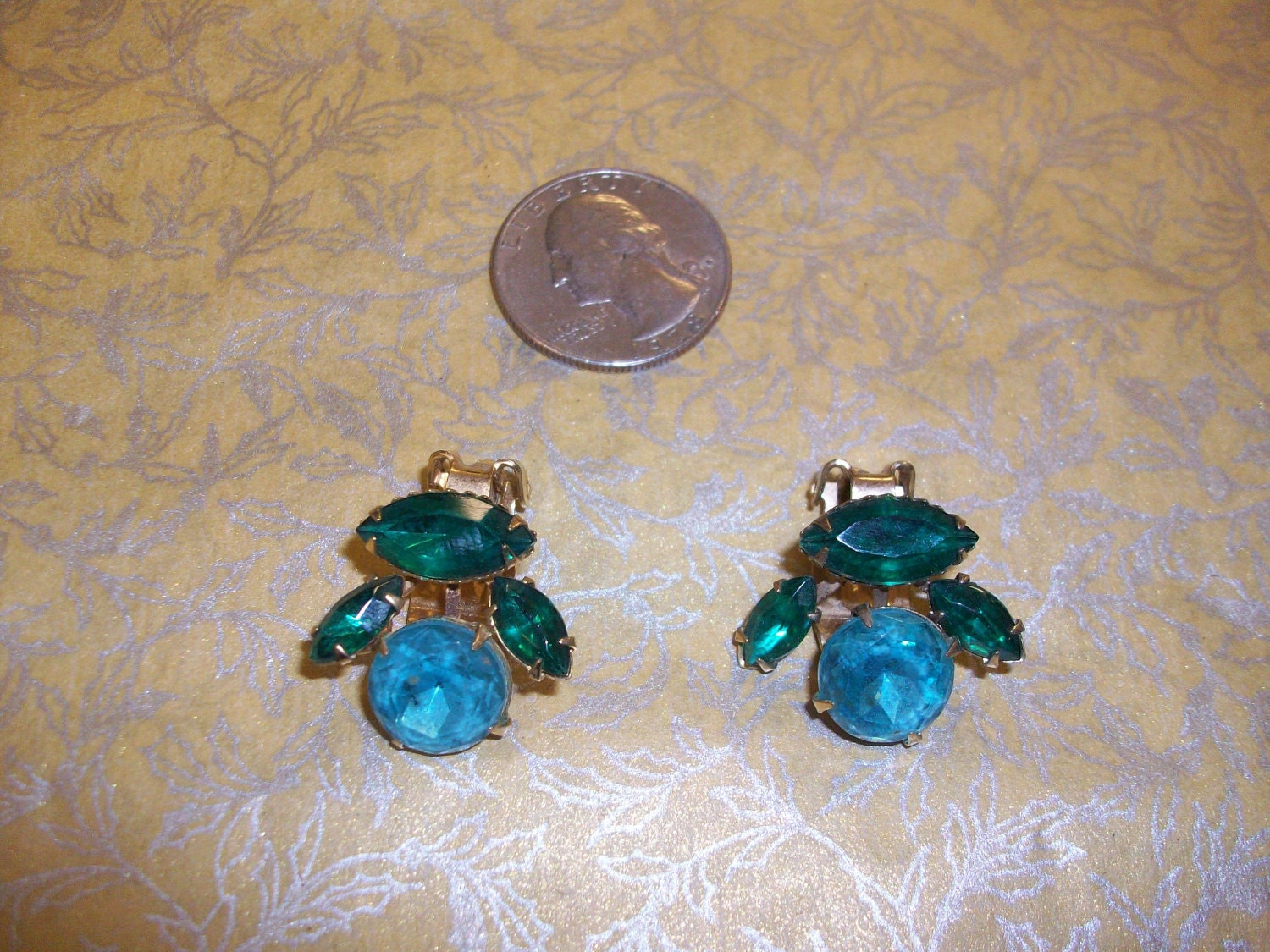 Vintage Blue & Green Rhinestone Clip Back Earrings