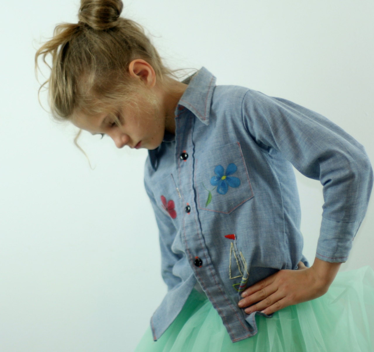 Vintage Long Sleeved Shirt in Denim Hand Embroidered