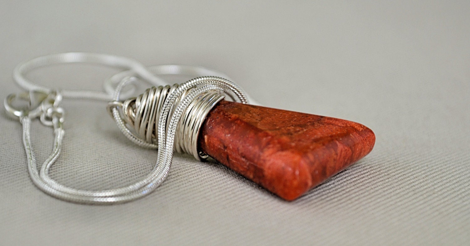 statement geometric necklace large red coral triangle pendant thick quality sterling silver wire wrapped snake chain handmade jewellery