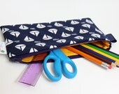 Pencil Case, Zippered Pouch, Back to School, Nautical, Navy Blue with White Sail Boats and Bright Yellow Liner