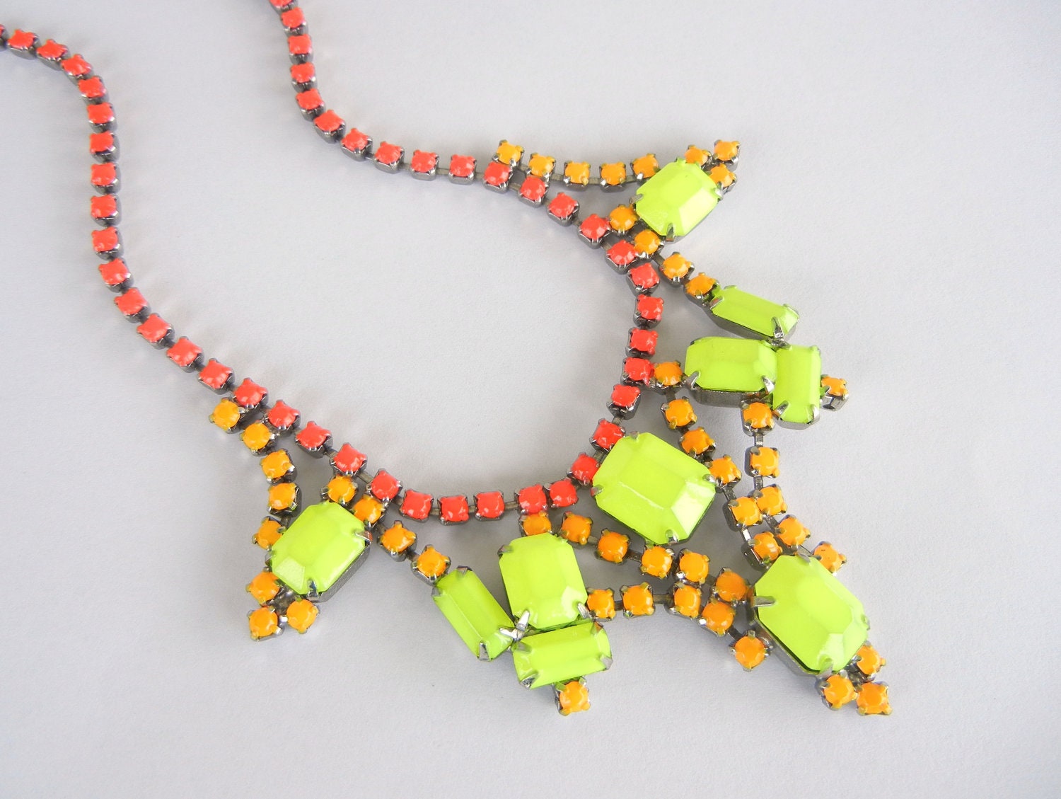 Vintage 1950s One Of A Kind Hand Painted Neon Red Orange and Yellow Rhinestone Necklace