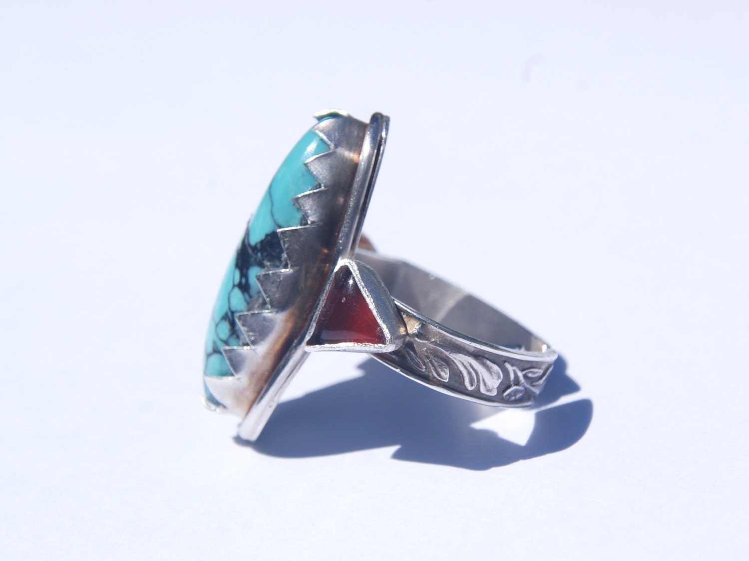 Sterling silver, turquoise and carnelian ring