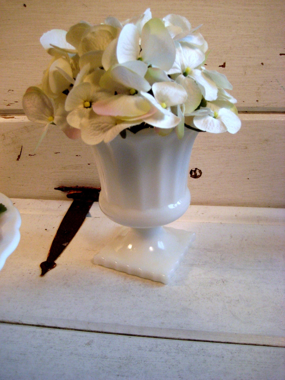 Vintage Milk Glass Vase, Pedestal flower vase, bowl, wedding or holiday display, white decor