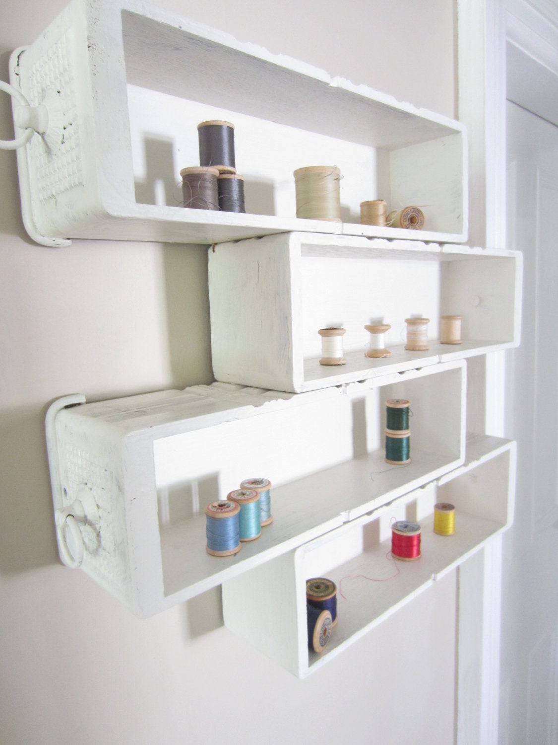Vintage Antique sewing drawers repurposed into display shelf Shabby cottage style