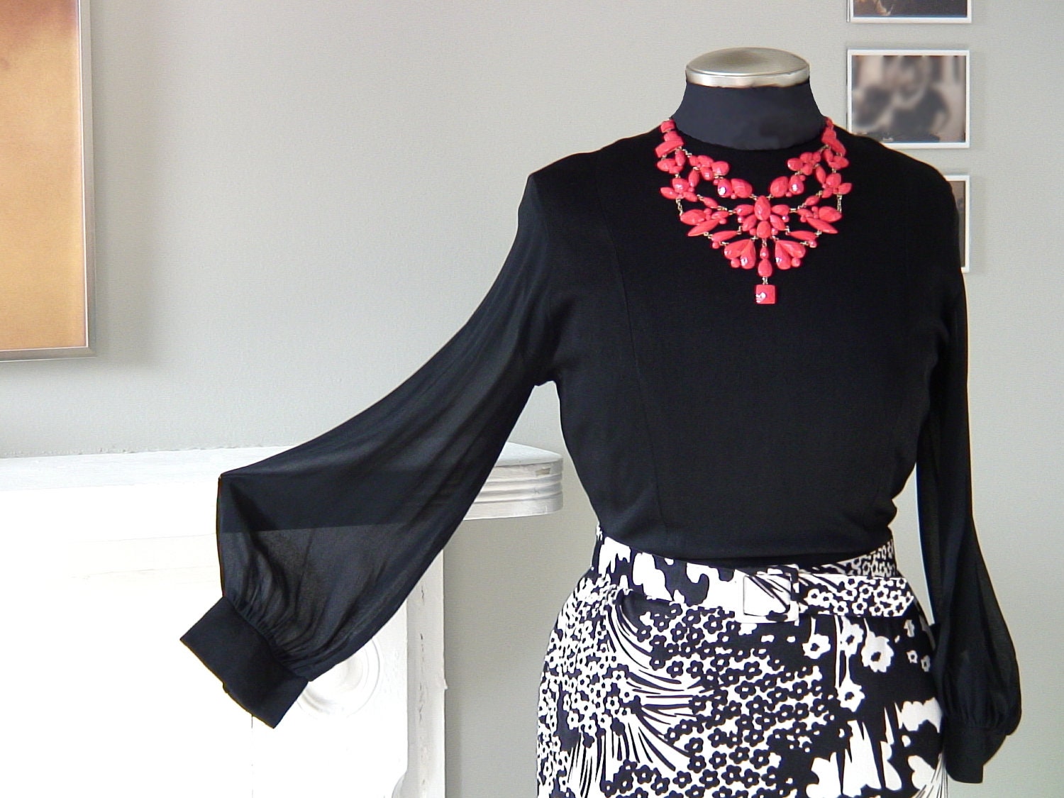 Dramatic vintage 60s black gown with chiffon sleeves and graphic black and white floral print column skirt - size 14/16