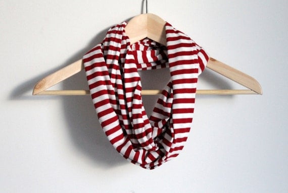 Infinity scarf, red and white stripes, circle scarf, loop scarf