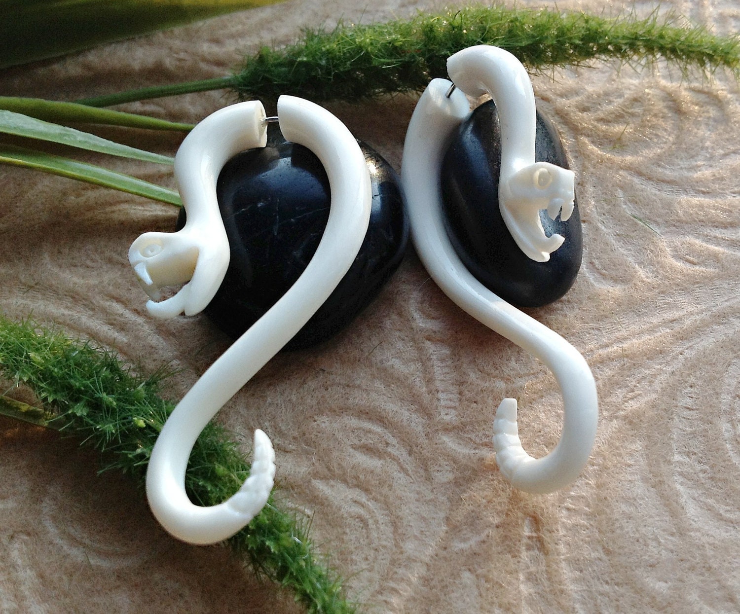 Fake Gauge Earrings, "Rattler" Naturally Organic, Bone, Hand Carved, Tribal