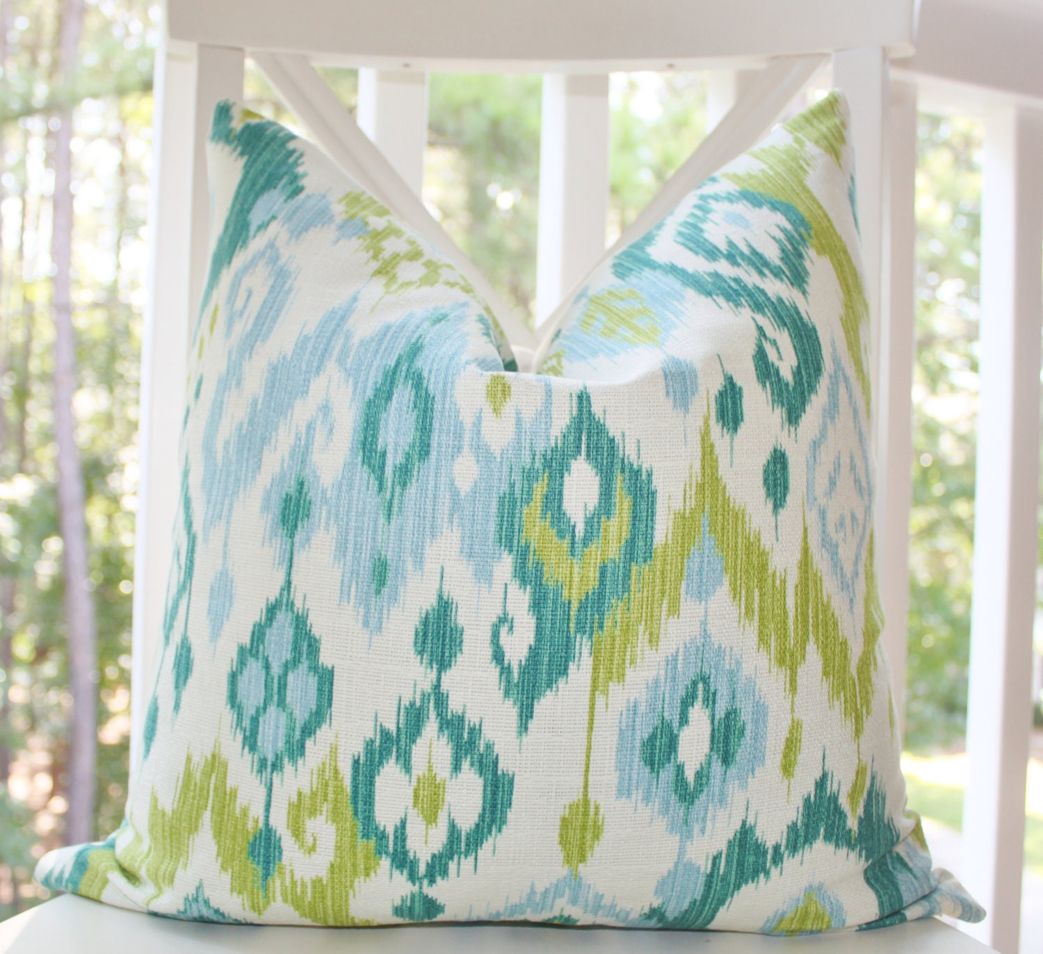 Reserved for Judith - Decorative Pillow Ikat Baby Blue Turquoise Teal Chartreuse Green Ivory Designer Pillow Cover 20 x 20 - Throw Pillow