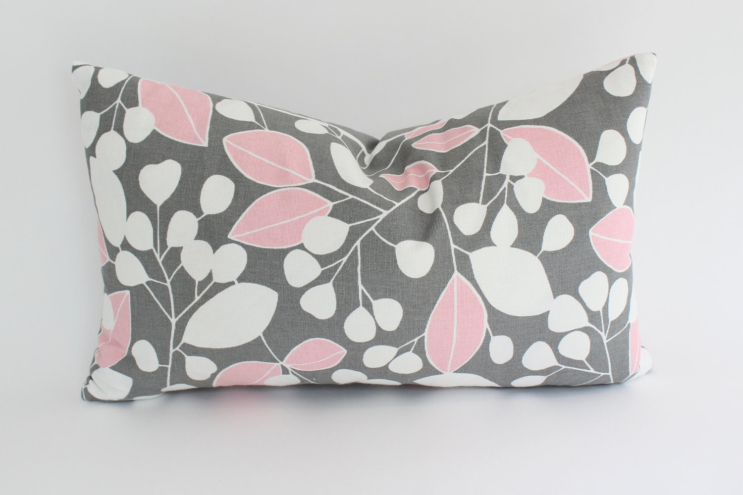Contemporary Pink and Grey Lumbar Pillow Cover with Leaves and Stripes - ThePillowStudioShop