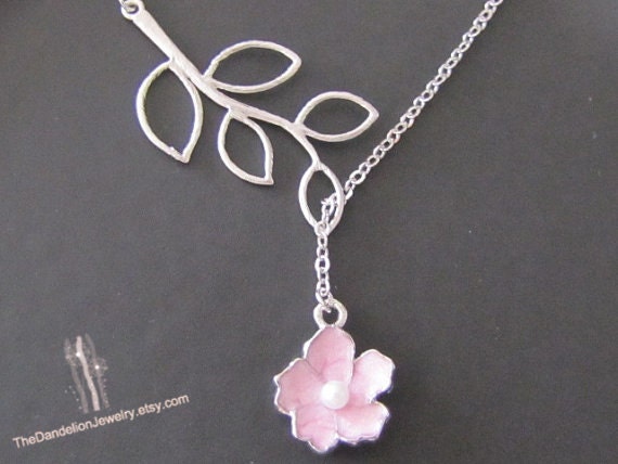 SALE, 10% OFF: Branch and pink resin orchid lariat necklace in white gold, flower necklace, branch necklace, flower pendant