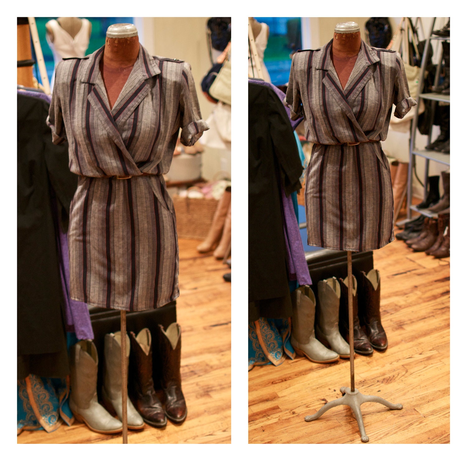 1980s Striped Mini Dress Faux Wrap Mini Shirt Dress Short Sleeve Day Dress