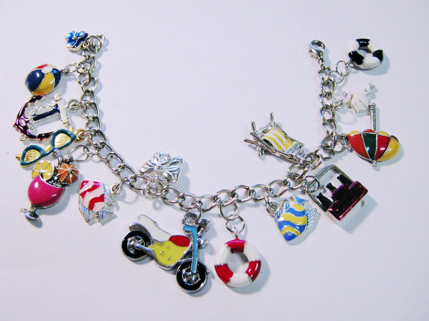 Summer FUN Enamel Charm Bracelet Cola Fancy Drink Anchor Fish Life Preservers