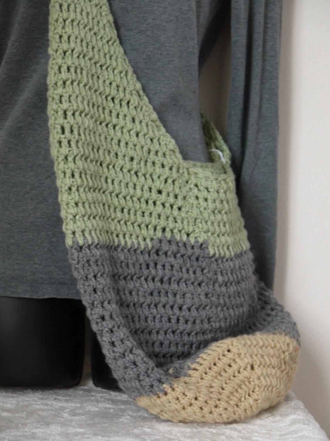 Crocheted Market Bag with Extra Long Handle in Tan, Green and Grey
