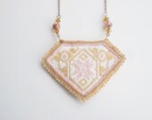 Textile jewelry,  authentic, hand embroidery and crochet necklace, white, gold and pink, traditional Hungarian cross stitch motif