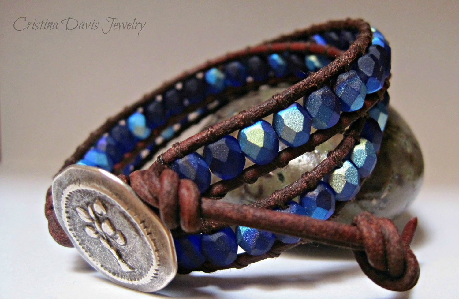 Leather Wrap Bracelet, Frosted Dark Blue ab, Beaded Double Wrap, Boho chic