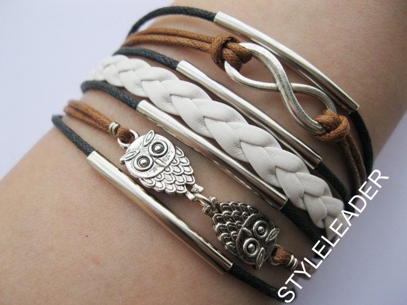 Bracelet-antique silver infinity bracelet,owls bracelet