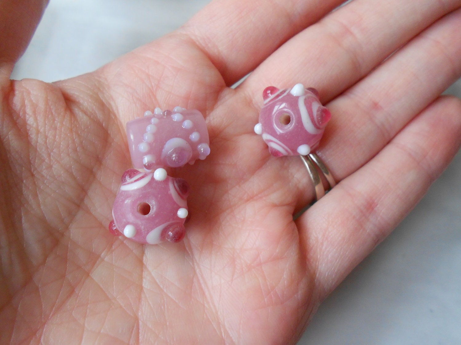 Angelic Pink Bumpy Lampwork Glass Beads, Set of 3, Destash