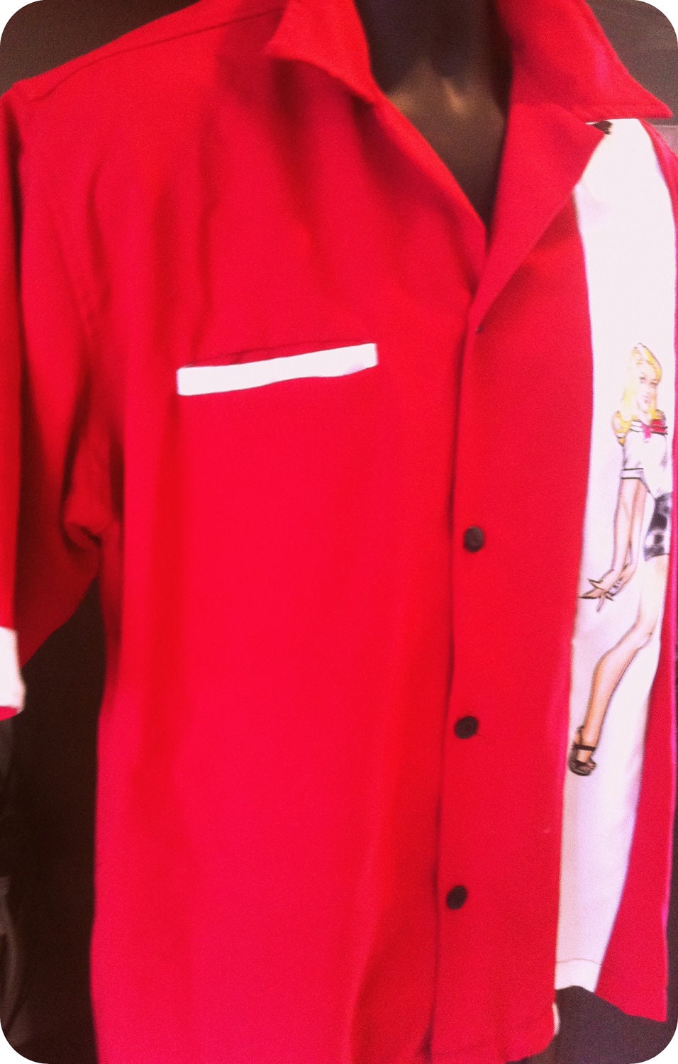 Retro pin up girl mens shirt End Racism Zac Attac Alternative Clothing Vintage Red Shirt with Blonde Pin Up Girl Medium