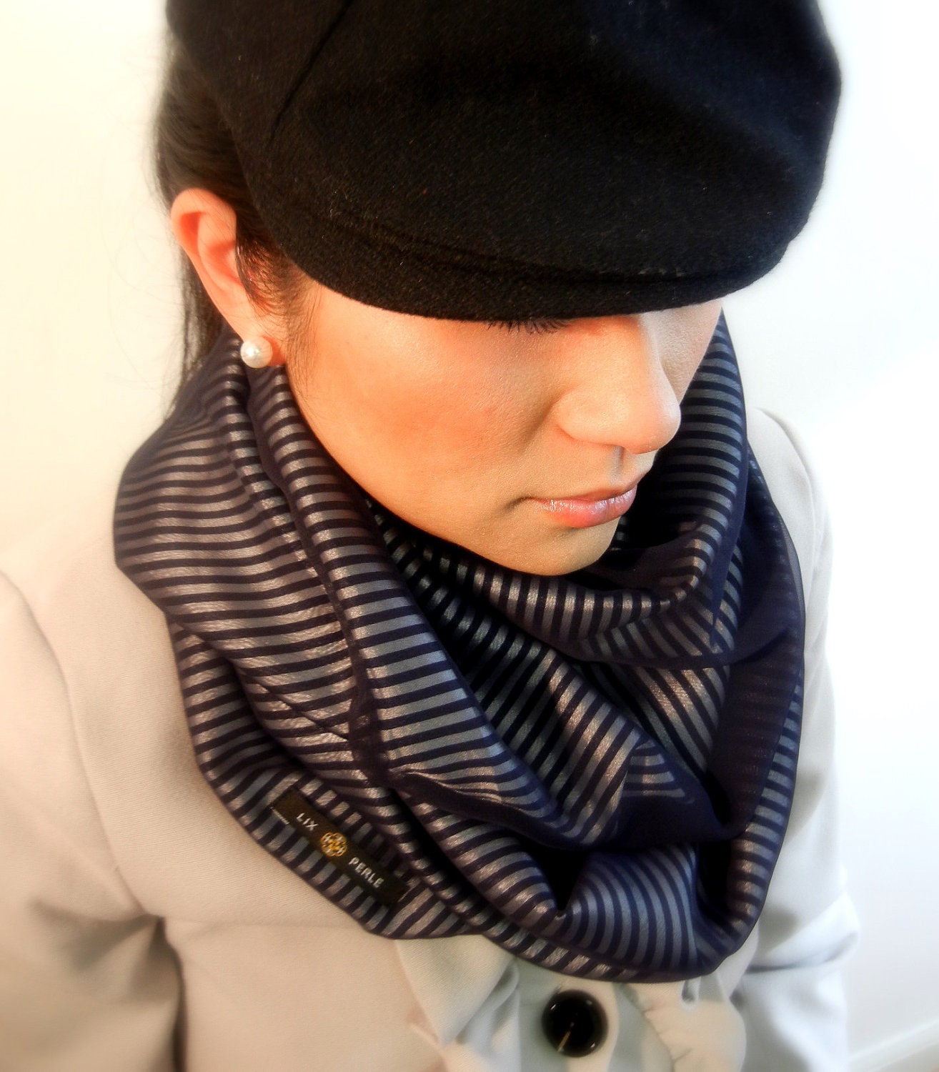 LIX PERLE: Fabric Silky Polyester/Chiffon, Dressy navy/white stripes circular hood tube infinity, Sailor Stripes W/ Chiffon Infinity Scarf