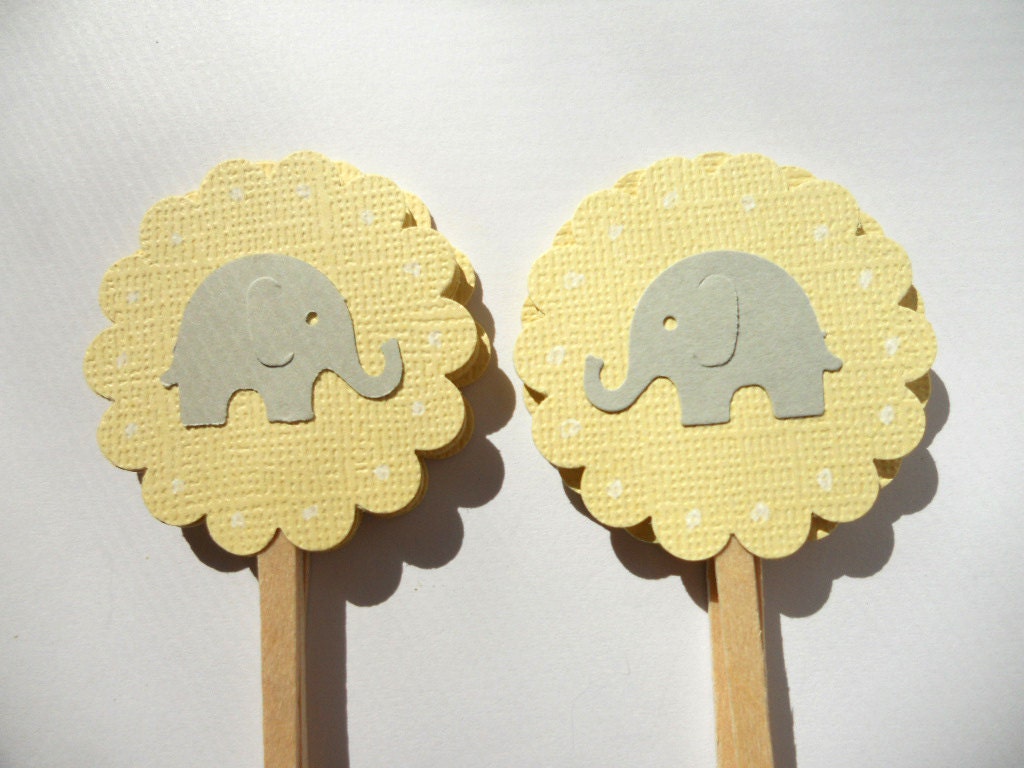 Elephant Cupcake Toppers Yellow and Light Grey by sunshowerstuff