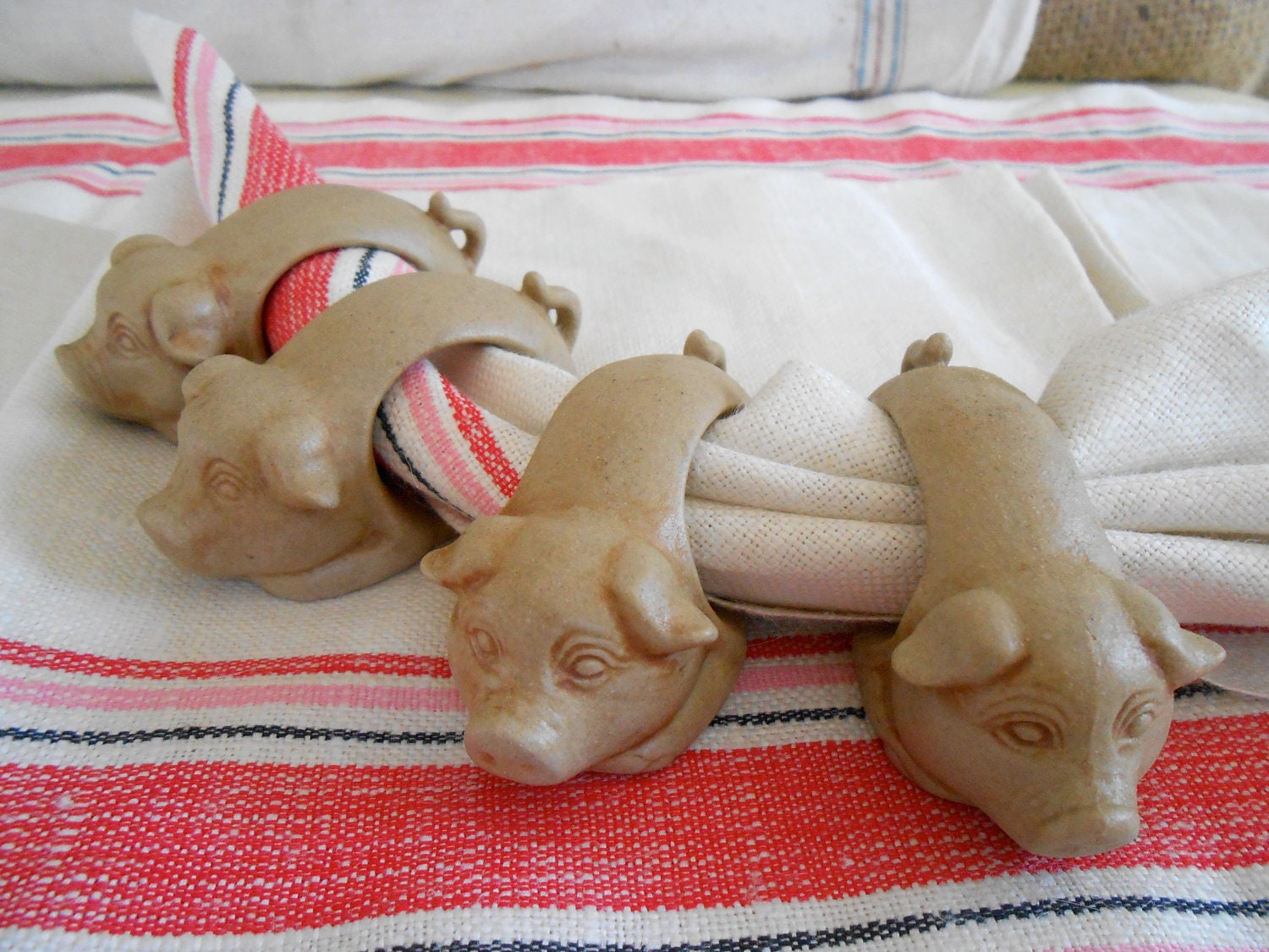 Pig Napkin Rings, Four Little Vintage Piggies Sepia Colored in Stoneware