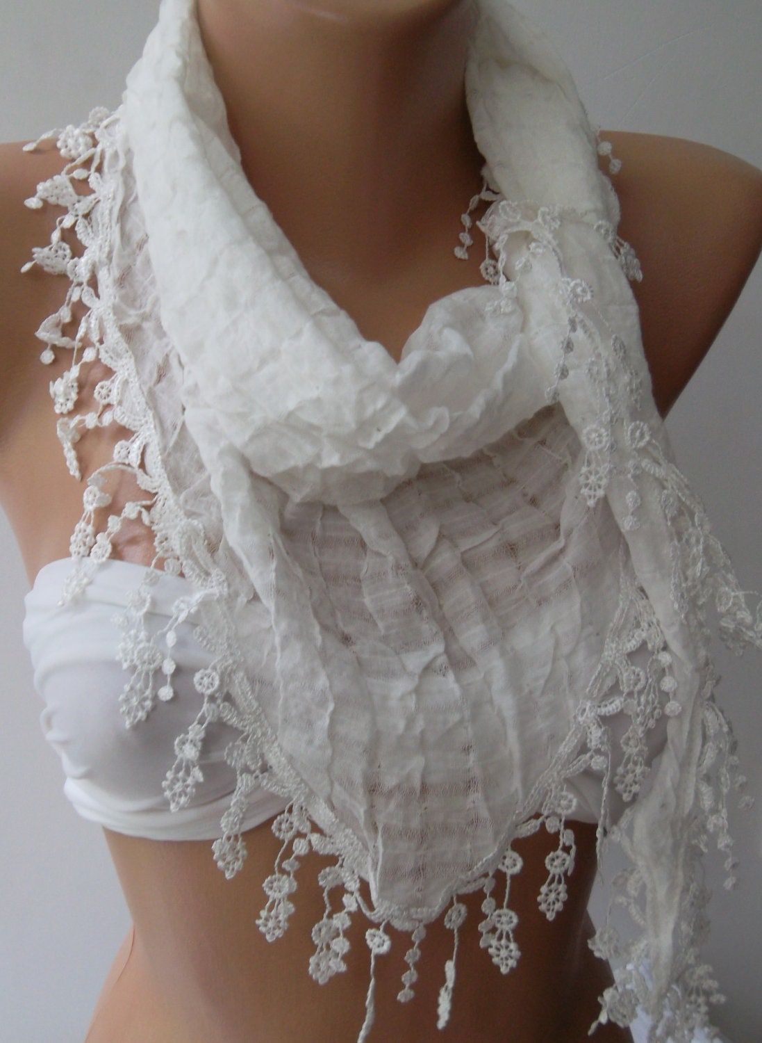 White - Elegance Shawl / Scarf with Lace Edge