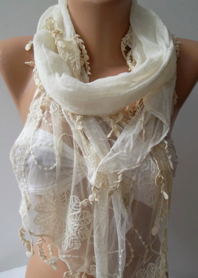 Pearl White ---- Elegance Shawl / Scarf with Lace Edge-