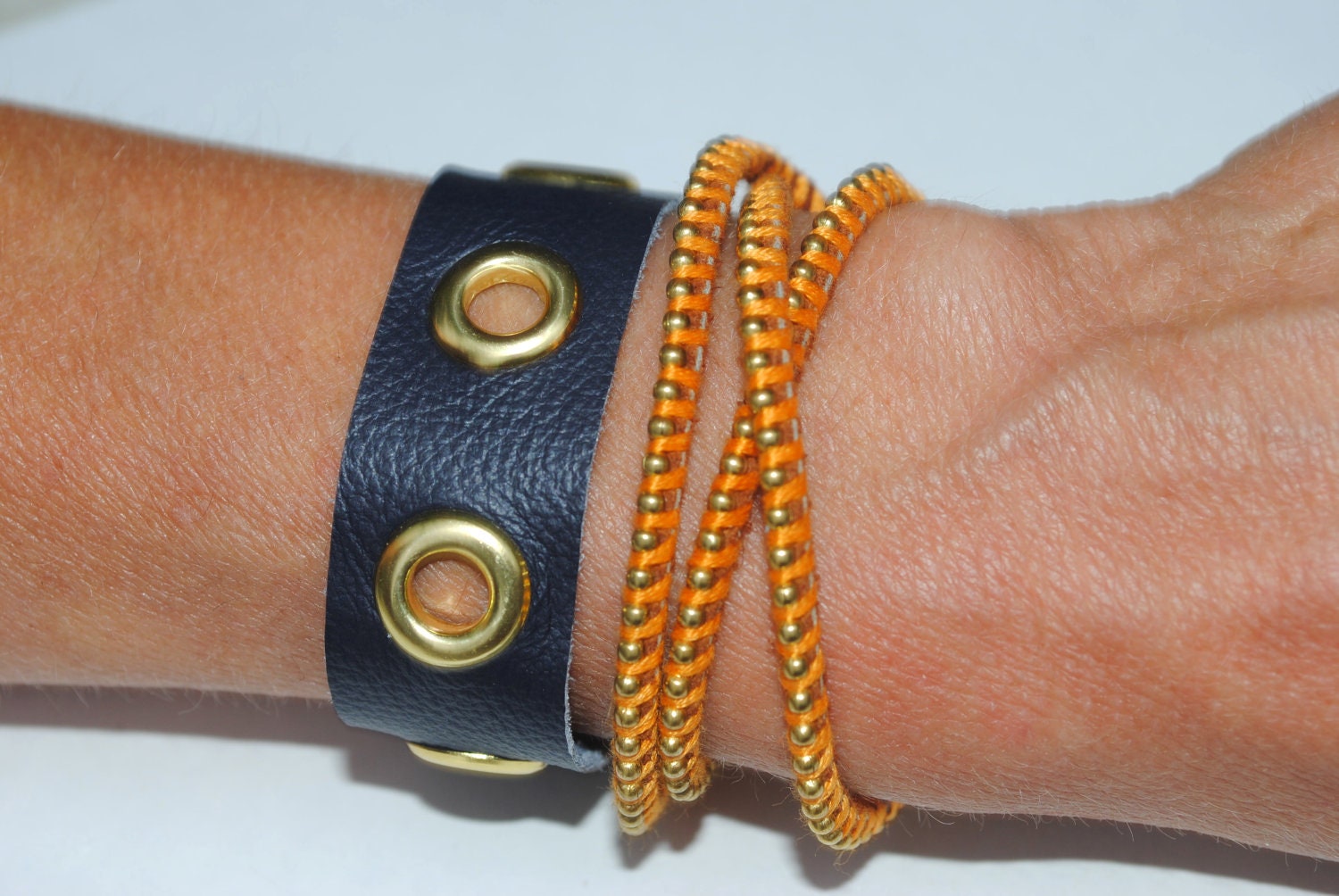 SALE- Leather beaded wrap bracelet- yellow/orange