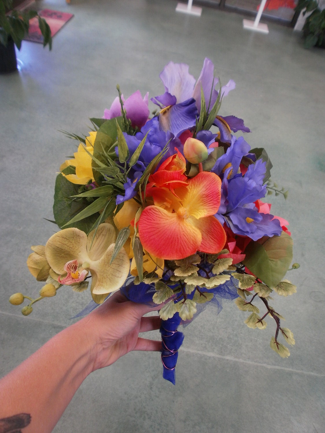 Indigo/Coral/Yellow Bridal Bouquet OOAK