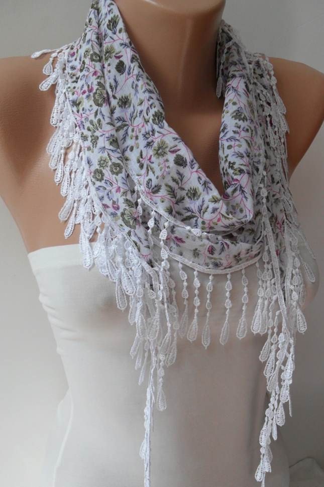 White and Flowered Scarf with White Trim Edge - Summer Trend