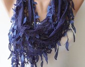 Dark Blue Lace Scarf  with Trim Edge - Special Laced Fabric
