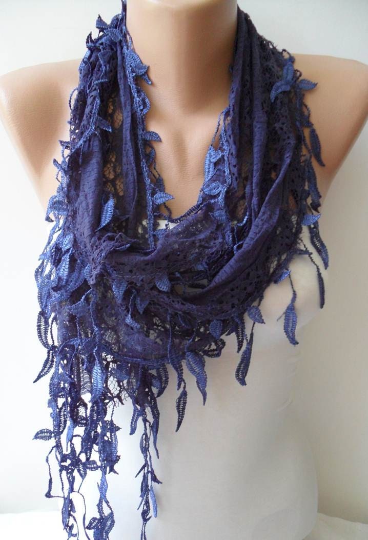 Dark Blue Lace Scarf  with Trim Edge - Special Laced Fabric