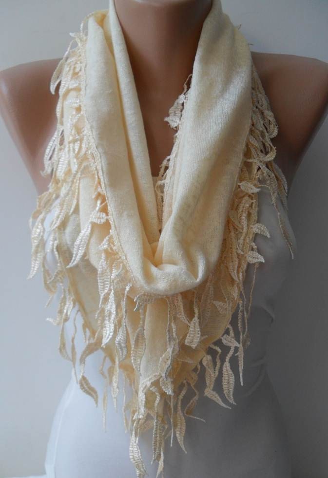 Beige Scarf with Trim Edge Shaped Leaves