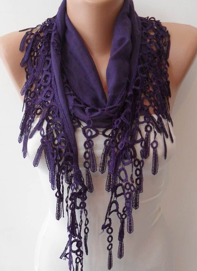 Dark Purple - Lightweight Summer Scarf with Purple Trim Edge -