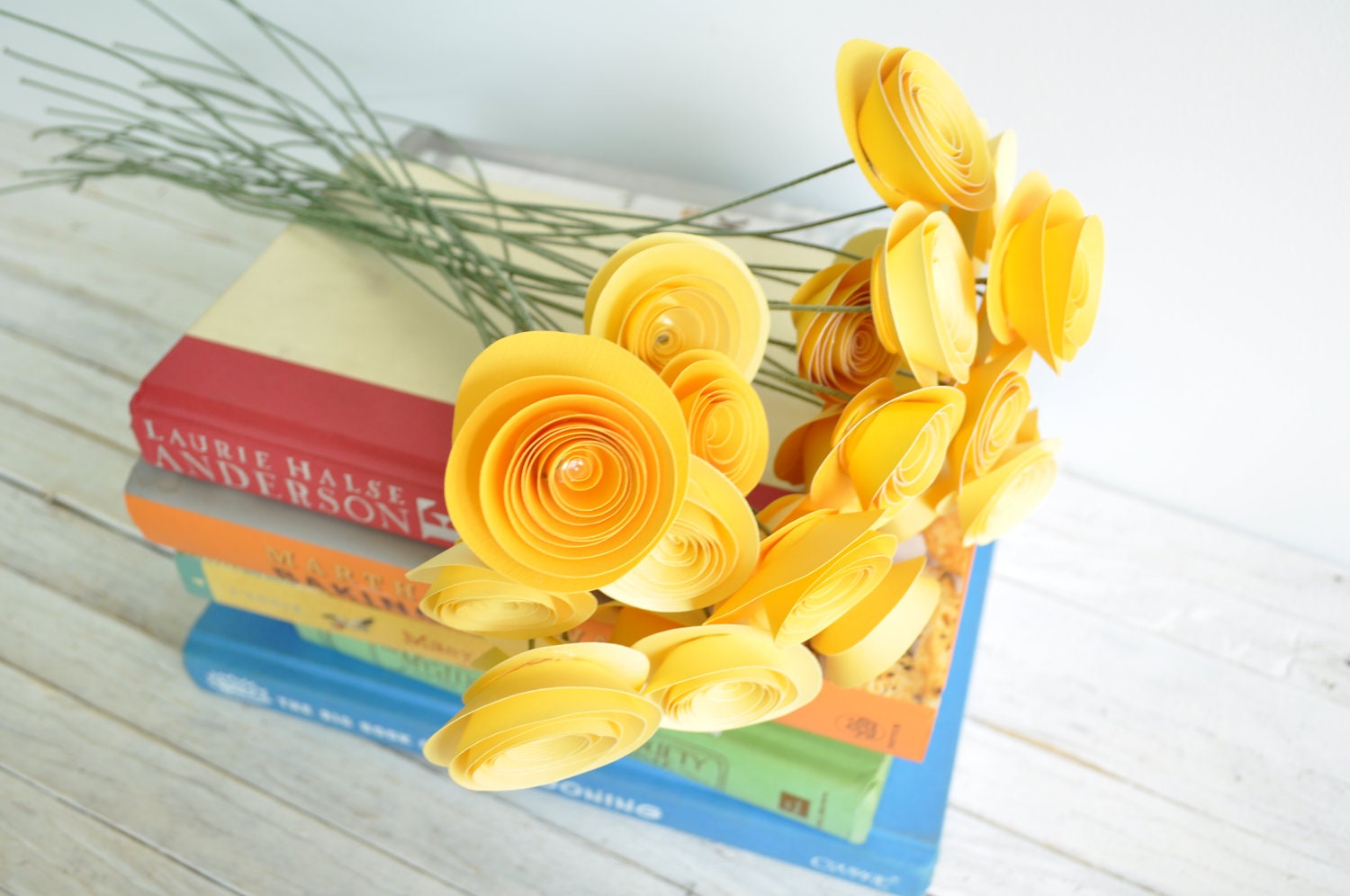 24 Yellow Paper Flowers on Stems- Bouquet of Paper Flowers- Yellow Home Decor