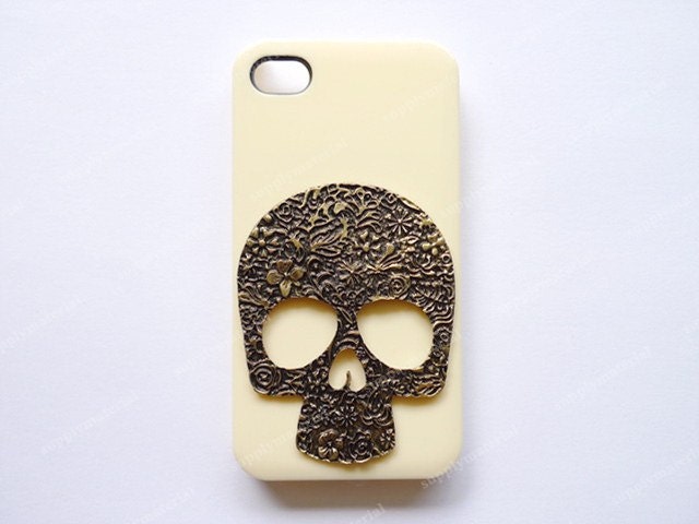 Handmade Retro style Antique copper Skull with beige phone case for iPhone 4 4S cover